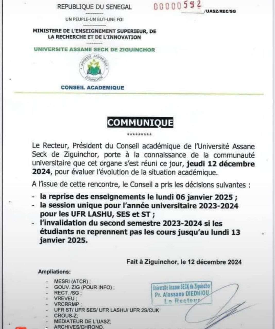 Université Assane Seck de Ziguinchor : Le recteur annonce la réouverture pour le 5 Janvier 2025