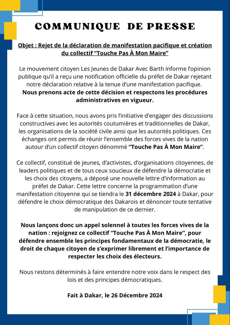 En soutien à Barthélémy Dias : La marche pacifique de la Jeunesse de Dakar avec Barth, prévue ce vendredi, interdite par le Préfet 