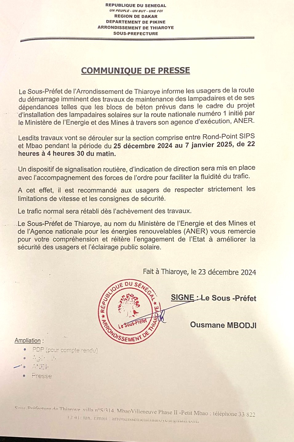 SIPS et Mbao - Travaux de maintenance et installation de lampadaires solaires sur la RN1 par l'ANER ( Communiqué)