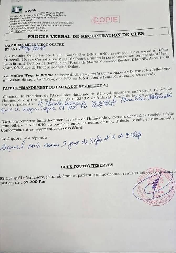 Exclusivité : Preuve de la vente de la maison de fonction du président de l’Assemblée nationale du Sénégal