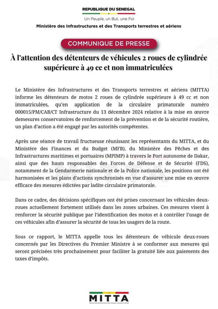 Motos non immatriculées : Un sursis de trois mois accordé pour la régularisation gratuite (Document)