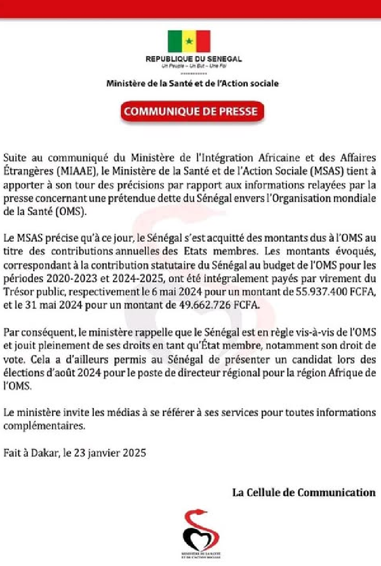 Prétendue dette du Sénégal à l’OMS : Le MSAS dément les rumeurs, blanchit l’Etat et apporte ses précisions