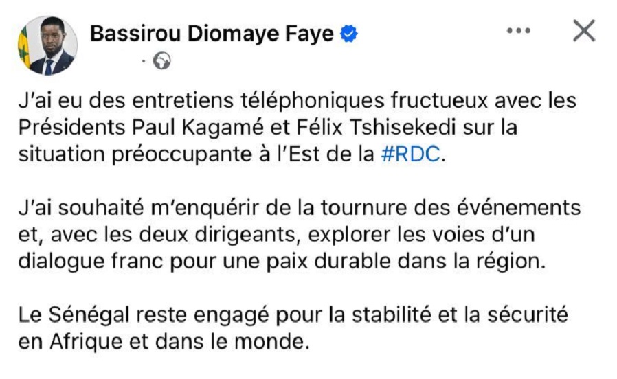 Crise à l'Est de la RDC : Le président Bassirou Diomaye Faye a eu des échanges avec Paul Kagamé et Félix Tshisekedi