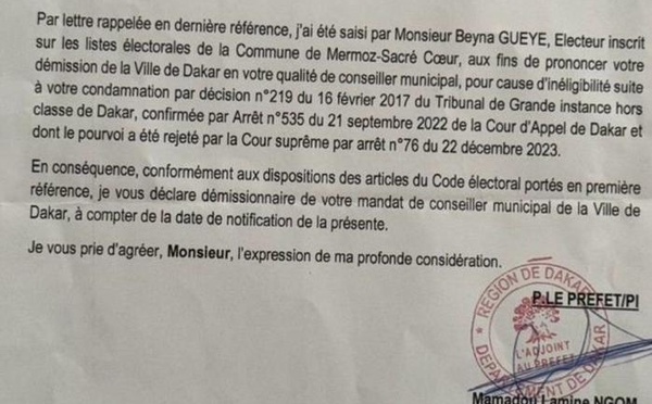 Notification de révocation du mandat de maire de Dakar de Barth : Le préfet déclare démissionnaire, le maire de Dakar