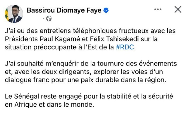 Crise à l'Est de la RDC : Le président Bassirou Diomaye Faye a eu des échanges avec Paul Kagamé et Félix Tshisekedi